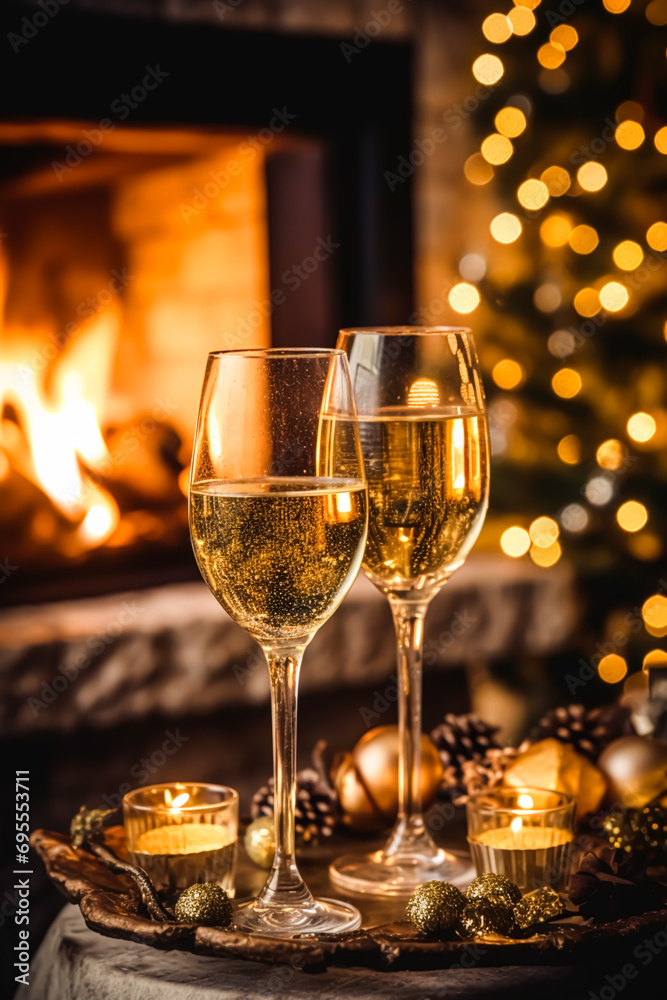 Sparkling wine, proseco or champagne in front of a fireplace on a holiday eve celebration, Merry Christmas, Happy New Year and Happy Holidays