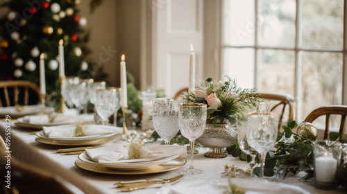 Christmas table decor, holiday tablescape and dinner table setting, formal event decoration for New Year, family celebration, English country and home styling © Anneleven