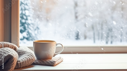 Winter holidays, calm and cosy home, cup of tea or coffee mug and knitted blanket near window in the English countryside cottage, holiday atmosphere