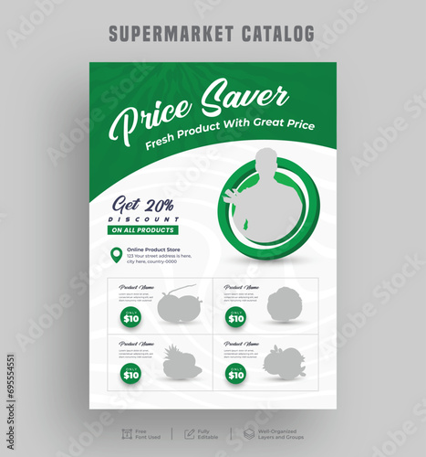 Editable product sale supermarket flyer or catalogue design, Price menu, Super shop grocery sale poster, a4 Sale discount promo ad leaflet design template