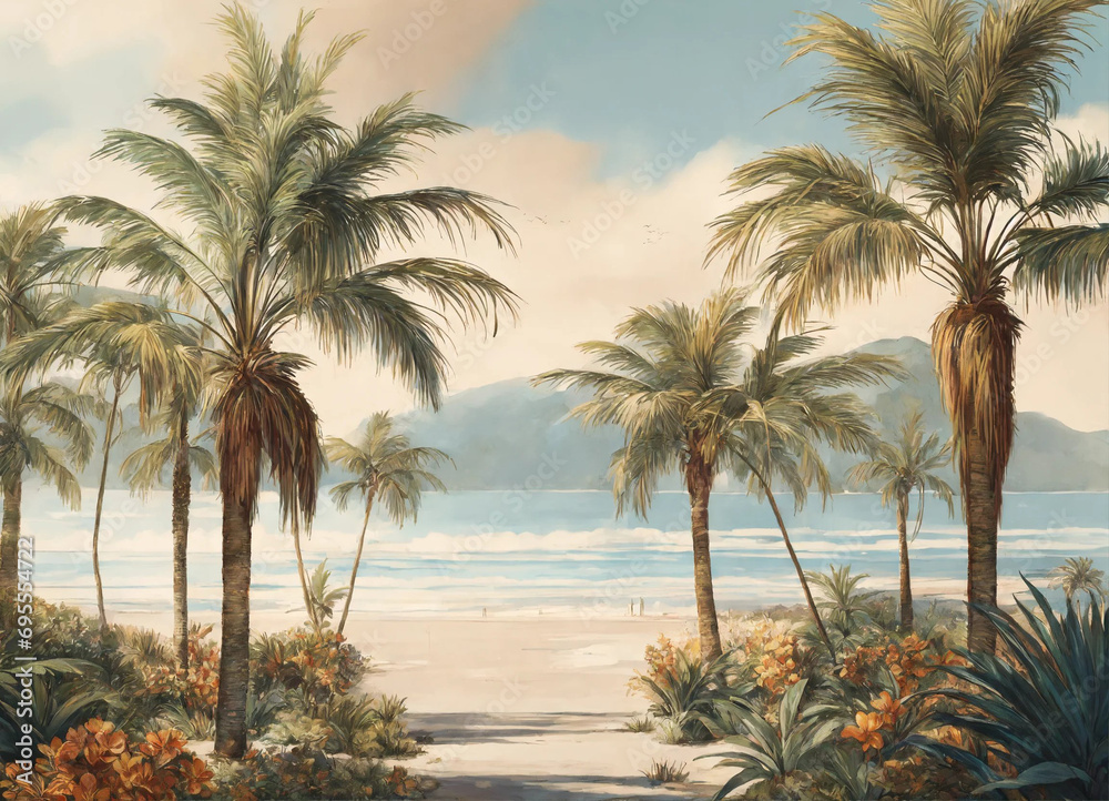A sheet illustrated with contemporary palms on beautiful beach