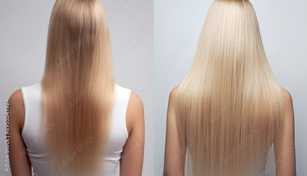 Naklejka premium Blonde hair transformation: from dull and unruly to smooth, shiny, and voluminous. generative ai