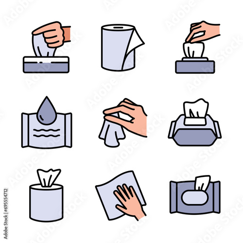 Napkin icons. Tissue paper box icons. UI UX user interface web button. Textile towel, wet and paper napkins icons set