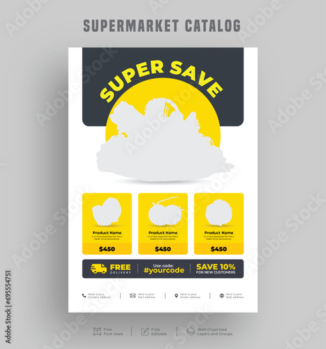 Editable product sale supermarket flyer or catalogue design, Price menu, Super shop grocery sale poster, a4 Sale discount promo ad leaflet design template