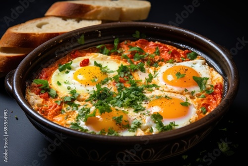 a close up of a bowl of food with eggs on top of it next to a slice of bread and a loaf of bread on the other side of bread.