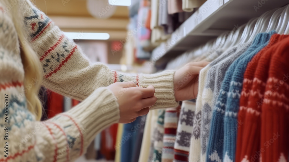 in a clothing store, woman is choosing a sweater for winter with long sleeves.generative ai