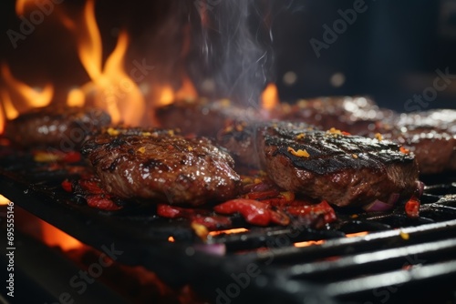  steaks cooking on a grill with flames coming out of the top of the grill and on the bottom of the grill, on a dark background of a black background.