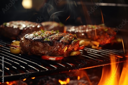  a close up of a steak on a grill with a fire in the background and flames in the foreground and a grill with steaks in the foreground.