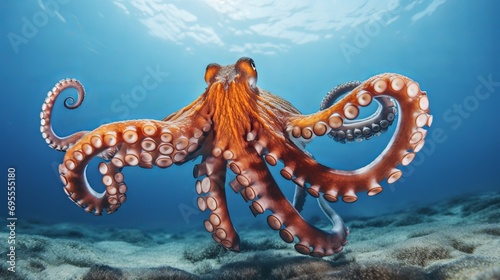 An octopus that is bright orange, has a large head, and thick tentacles, is found in the mediterranean sea. © Shabnam
