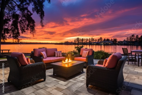  a fire pit sitting in the middle of a patio next to a fire pit with chairs and a table in front of a lake with a sunset in the background. © Nadia