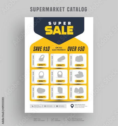 Editable product sale supermarket flyer or catalogue design, Price menu, Super shop grocery sale poster, a4 Sale discount promo ad leaflet design template