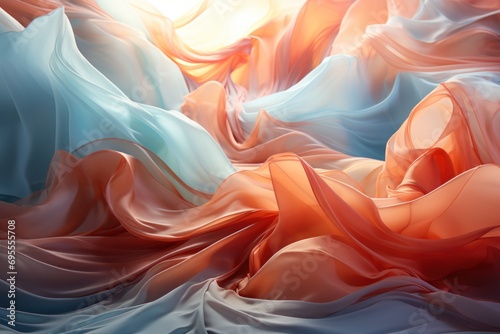  a painting of flowing fabric with the sun shining in the backgroung of the fabric and the colors of the fabric are red, white, blue, orange, blue, and pink, and blue.