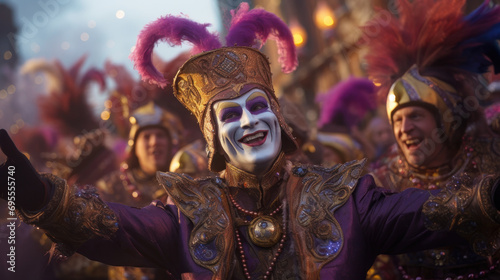 A lively Mardi Gras parade with vibrant costumes.