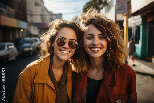 Two interracial best friends smiling and having a good time together in the street,generative ai