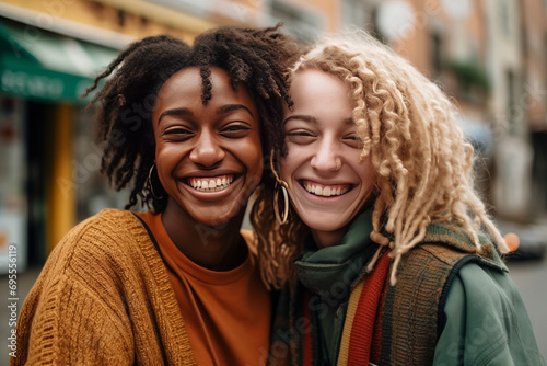Two interracial best friends smiling and having a good time together in the street,generative ai