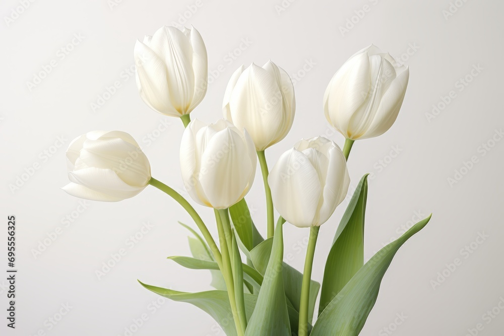 White tulip flowers bouquet over white background in sunlight White tulip flowers bouquet over white background in sunlight