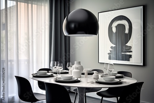  a black and white photo of a dining room with a table and chairs and a black and white picture hanging on the wall above the dining room s windows.
