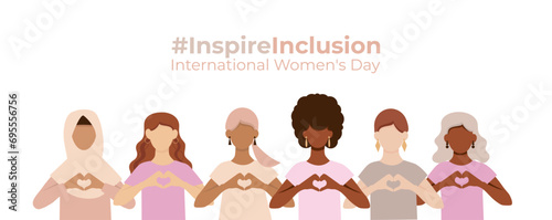#InspireInclusion. Banner International Women's Day. Women of different ethnicities together. 8 march. Faceless vector isolated illustration on white background.