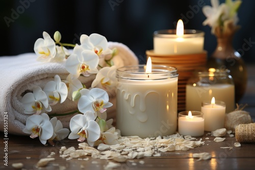  a couple of white candles sitting on top of a wooden table next to a white towel and a vase with white flowers on top of a table next to a couple of white candles.