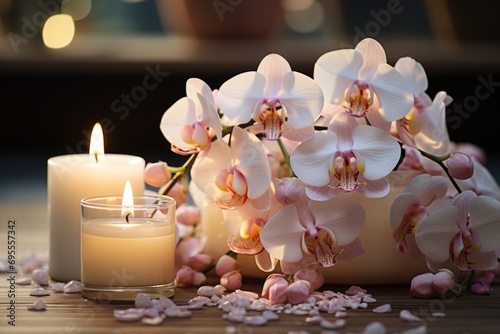  a couple of candles sitting next to a bunch of flowers on top of a wooden table in front of a vase with orchids on top of a wooden table.