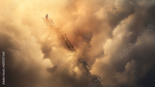 Amidst the haze, a ladder reaches skyward, its sturdy rungs disappearing into the thick smoke, symbolizing both ascent and the relentless pursuit of safety