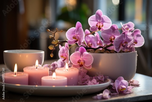  a white plate topped with pink candles next to a bowl filled with purple flowers and a cup filled with tea lights next to a vase with purple orchids on a table.