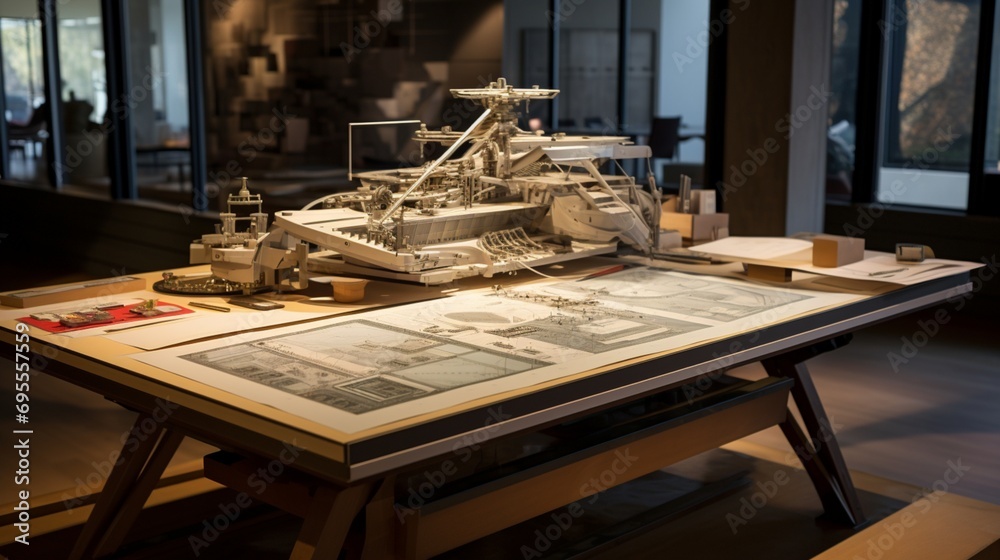 An architect's drafting table adorned with blueprints and models, a testament to the meticulous process of structural design