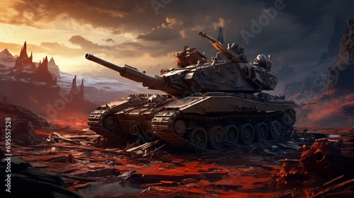Amidst the wreckage of battle, a single, undamaged tank stands as a silent sentinel. The surrounding chaos only accentuates its imposing presence photo