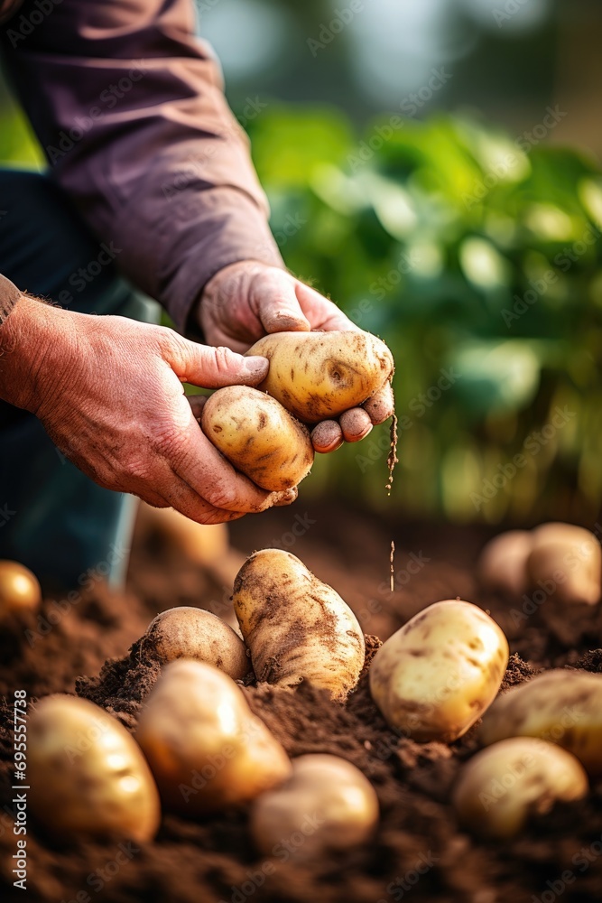 A farmers man's hands picking a potatoes on a farmers market - obrazy, fototapety, plakaty 