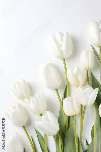 White tulip flowers over white background with space for text