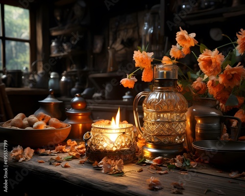 Still life with flowers and candles on a wooden table in a dark room