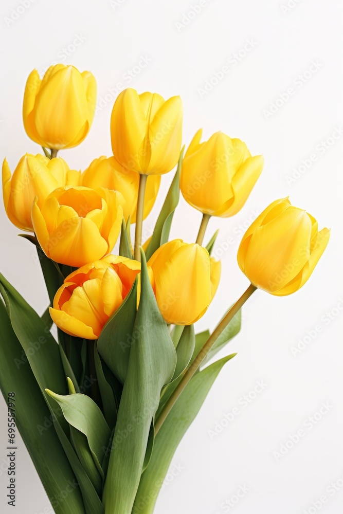 Yellow tulip flowers over white background in sunlight