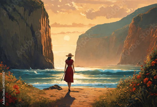 Beautiful illustration of characters next to a cliff and the sea photo