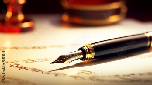 An elegant fountain pen poised over a blank legal document, capturing the anticipation and precision inherent in legal drafting
