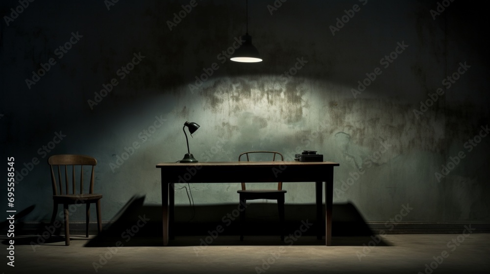 An interrogation room with a solitary table under a single overhead
