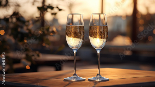 A pair of champagne glasses with a romantic backdrop.