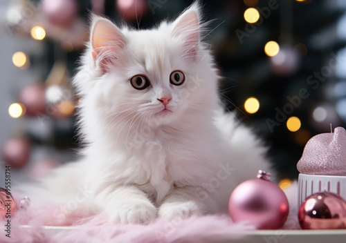 kitten with pink gift boxes on the background of a christmas tre