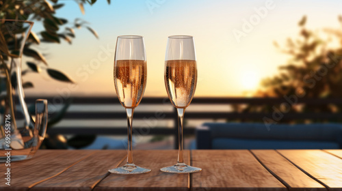 A pair of champagne glasses with a romantic backdrop. #695558716