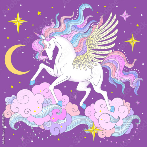 Magic white unicorn with a rainbow mane in the clouds. For the design of prints, posters, stickers, cards, puzzles, T-shirts, cups, etc. Vector illustration