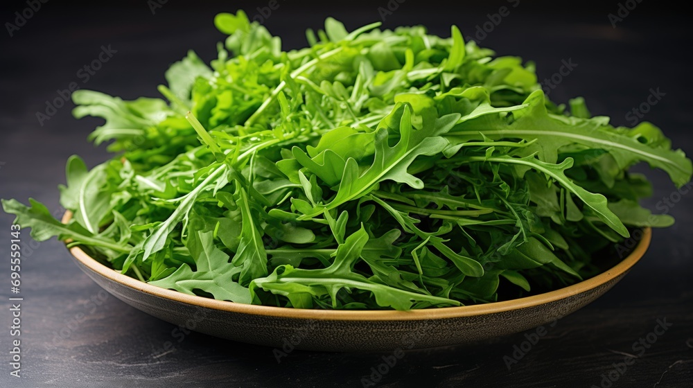 Fresh, vibrant arugula leaves in a green salad. Sharp-focus, crisp, and curled with intricate veins. Natural shades and lighting highlight the texture. A high-resolution Fresh, vibrant arugula leaves in a green salad. Sharp-focus, crisp, and curled with intricate veins. Natural shades and lighting highlight the texture. A high-resolution