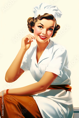 cute female chef in Pin Up style. Generative AI