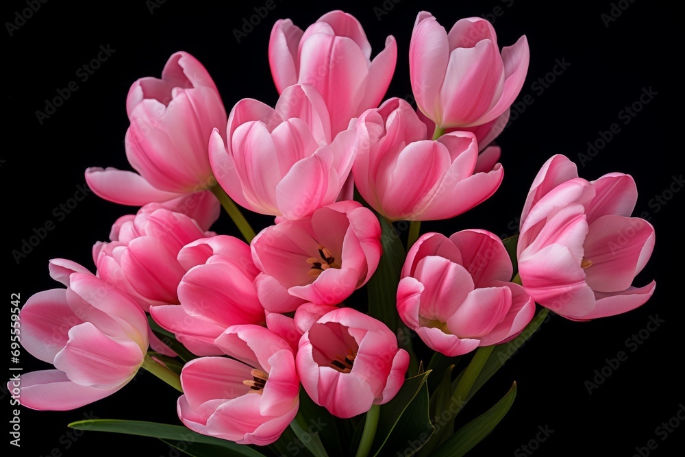 Fototapeta premium Close up view of pink tulip flowers bouquet over black background