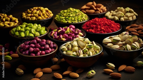 An image showcasing pistachios in various forms--whole, shelled, and ground--as ingredients for a variety of dishes, underlining their culinary versatility.