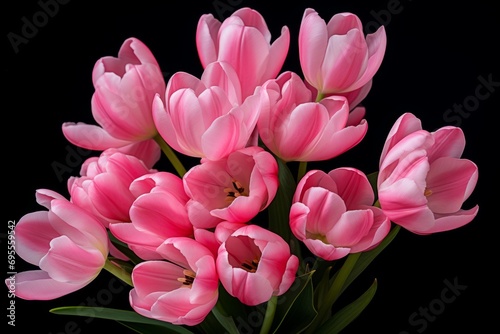 Close up view of pink tulip flowers bouquet over black background