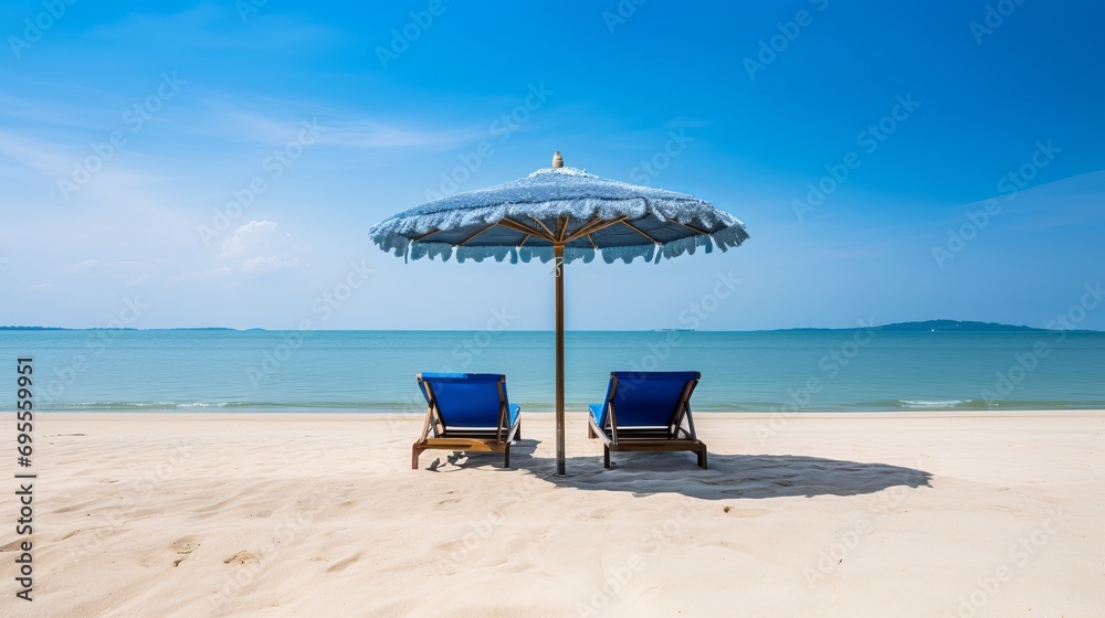 A beautiful tropical beach and sea can be found outdoors with an umbrella and chair