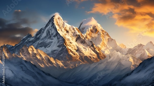 Panoramic view of snowy mountains at sunset - 3D render