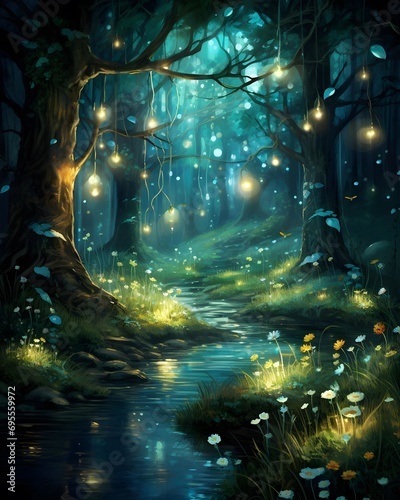 Fantasy forest at night with a stream and lights. 3d rendering