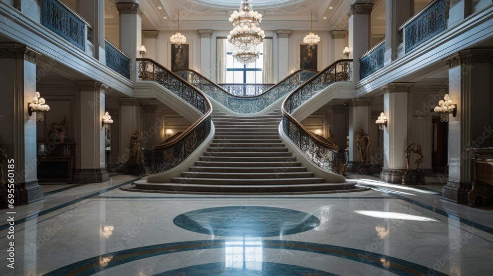 The striking symmetry of a law firm's foyer, with marble floors and a