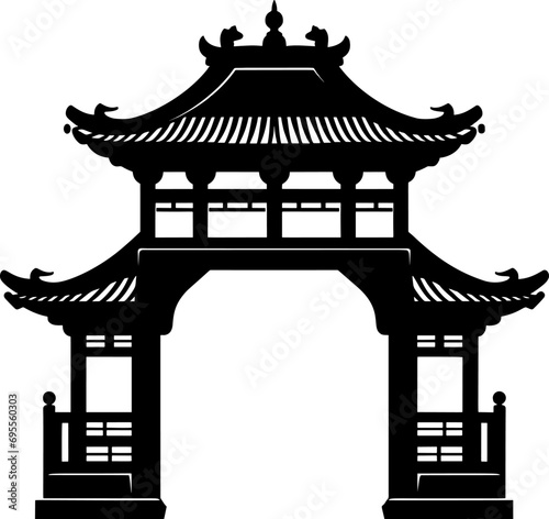 Chinese gate icon in the park black silhouette. AI generated illustration.