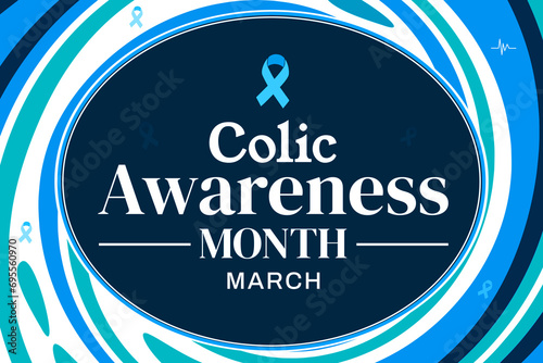 Colic Awareness Month with blue ribbon and white typography in the center. March is observed to spread awareness about colic, background photo